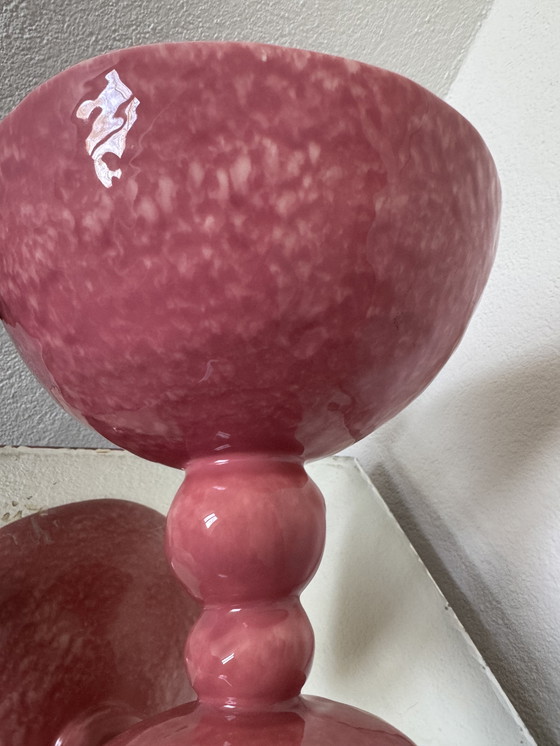 Image 1 of Grande coupe sur pied faïence Digoin rose