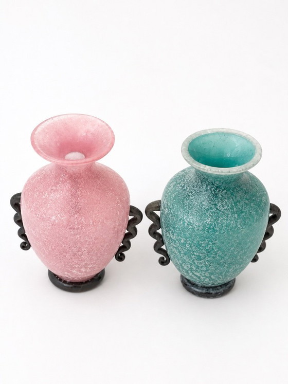 Image 1 of Pair of Murano "Scavo" Glass Amphora Vases by Gambaro & Poggi