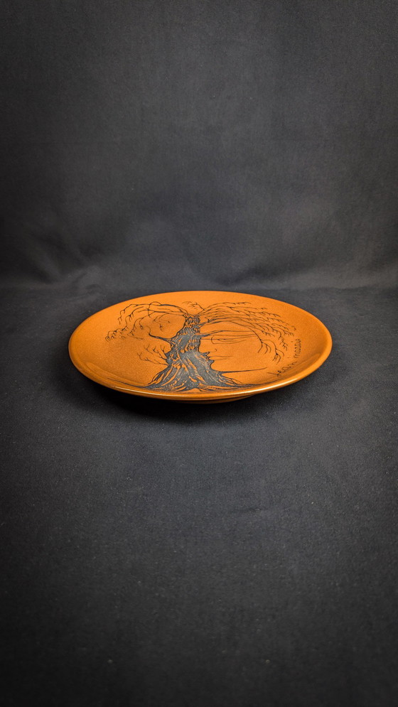 Image 1 of Assiette En Céramique Vernissée Signée Jean Marais Visage & Arbre Vallauris