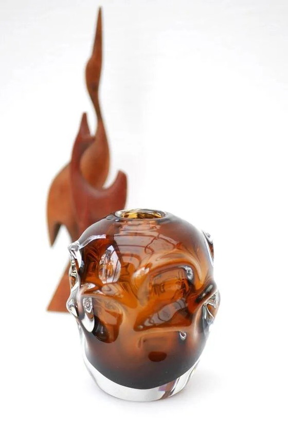 Image 1 of Mid-century modern biomorphic-shaped handmade crystal vase in amber and brown attributed to Börne Augustsson for Åseda, Sweden