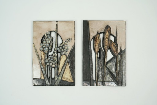 2 hermosos y decorativos azulejos de pared vintage de los años 70 de Ruscha-Keramik, Alemania Occidental, con motivos florales.