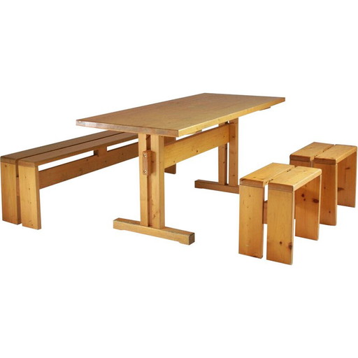 Vintage grenen eetset, Perriand selectie voor Les Arcs, Frankrijk 1960
