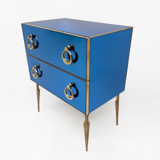Pair of Blue Mirrored Chests of Drawers with Brass Details, Mid-Century Style – Chest of drawers, Glass (photo 4 of 7)