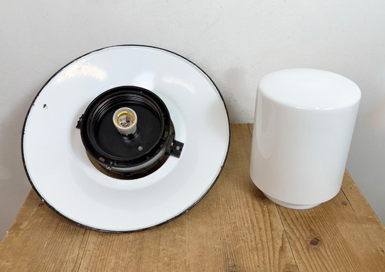 Image 1 of Industrial Grey Enamel Pendant Lamp with Milk Glass, 1960s