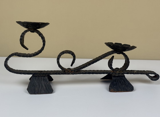 Image 1 of Brutalist forged black iron handmade Scandinavian Viking boat candlestick