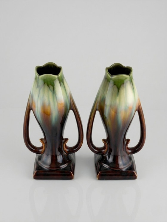 Image 1 of Par de jarrones Art Déco – Cerámica Thulin (atribuida) – Bélgica – Esmalte flameado – 29 cm