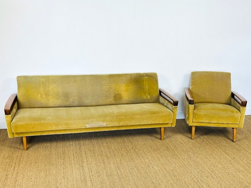 Sofá y sillón convertible escandinavo vintage de teca y terciopelo, años 60, juego de 2