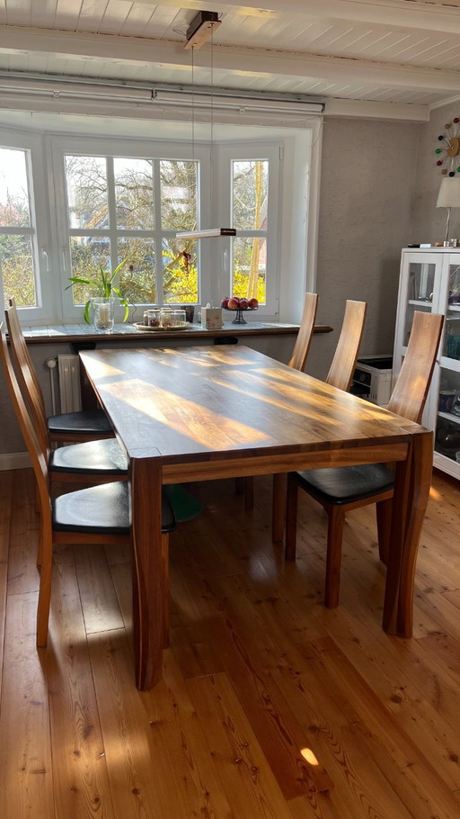 Dining table and 6 chairs SELTZ Luis walnut and dining table lamp – eetkamerset, Leather, Metal