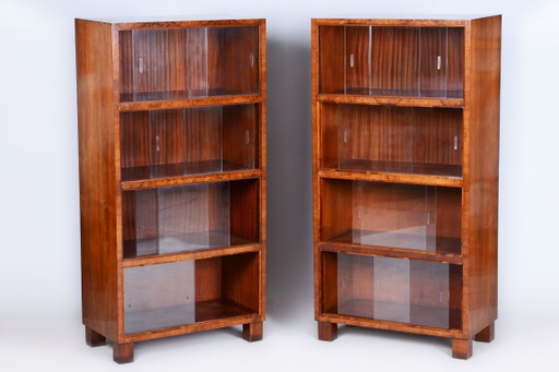 Pair of Restored Art Deco Bookcases, by Oldřich Liška, Walnut, Czech, 1920s – boekenkasten, Glass, Wood