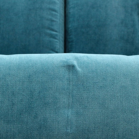 Image 1 of Cornaro two-seater sofa in iroko wood and blue velvet by Carlo Scarpa for Studio Simon, Italy, 1974