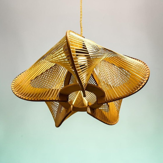 Image 1 of Lampe suspendue vintage en bois et paille de style Japandi, années 1960