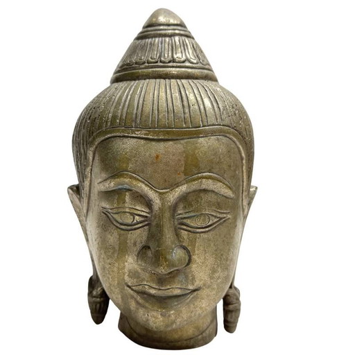 Cabeza de Buda de Bronce Tailandesa Vintage - Busto Estilo Sukhothai - 19 cm