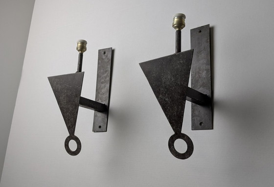 Image 1 of Par de Apliques de Pared Brutalistas de Metal Geométricos, anni '70