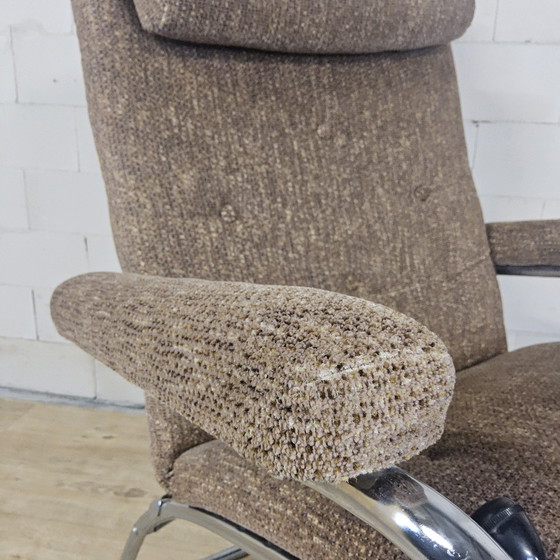 Image 1 of Vintage Verstelbare Relaxfauteuil Chroom / grijs / bruin stof / luie stoel / reclining chair