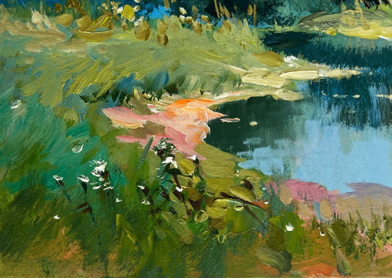 Image 1 of Original Oil Painting Summer River Landscape Reflection of green forest