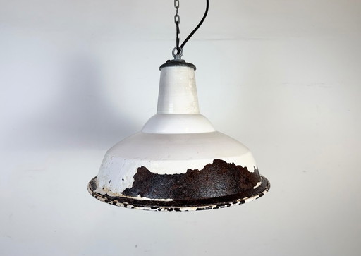 Lámpara colgante industrial británica de esmalte blanco de Benjamin, década de 1960