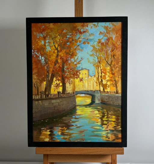 Pintura al óleo original Paisaje urbano otoñal Escalones en el puente de otoño