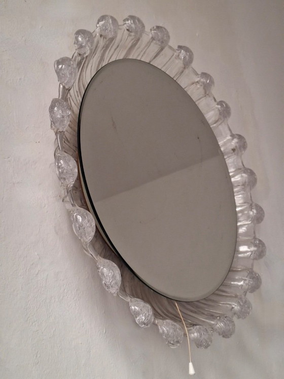 Image 1 of Large Melted Ice Acrylic Glass Illuminated Circular Beveled Wall Mirror, 1970s