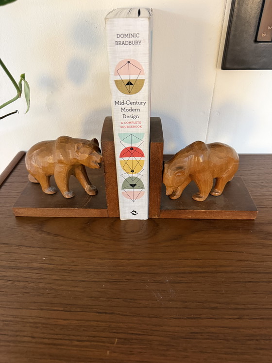 Image 1 of Set of 2 vintage teak bear bookends '60