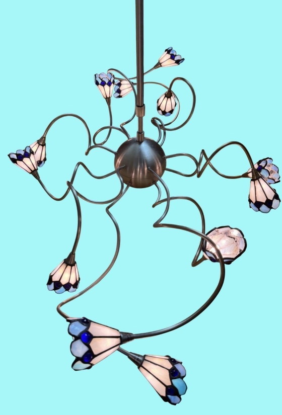 Image 1 of Lampada da soffitto di design a 12 luci con paralumi in vetro colorato | Altezza regolabile | Ottime condizioni