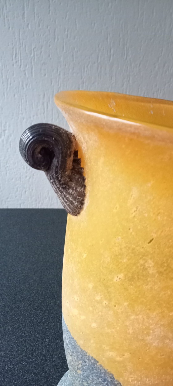 Image 1 of Lot de 2 lampes coupe en verre de Murano aux couleurs chaudes de l'automne ocre jaune vert