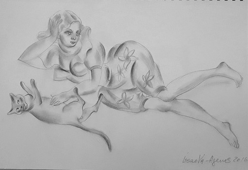 Femme Avec Le Chat, Dessin Sur Papier: Issaeva-Agenos Veronika