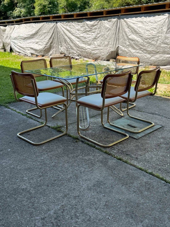 Italian Brass Dining Set with Table and Chairs, 1970s, Set of 9 – Leather, Glass, Hollywood Regency (photo 3 of 7)