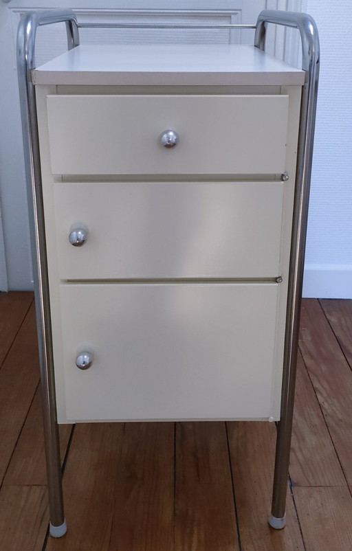 Comodino anni '80 in metallo laccato in acciaio inox