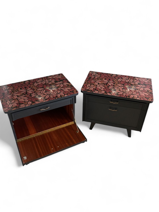 Image 1 of Vintage bedside tables with Fornasetti Foglie e Civette | The Vintage Vibe