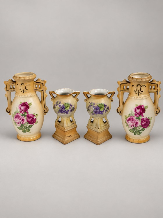 Antique 4-piece mantel Vases set Czecho-Slovakia – Art Nouveau ca. 1920 – "Made in Czecho-Slovakia", Porcelain (photo 2 of 9)