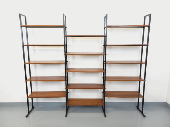 Image 1 of Vintage Italian triple modular bookcase in teak and metal from the 1960s
