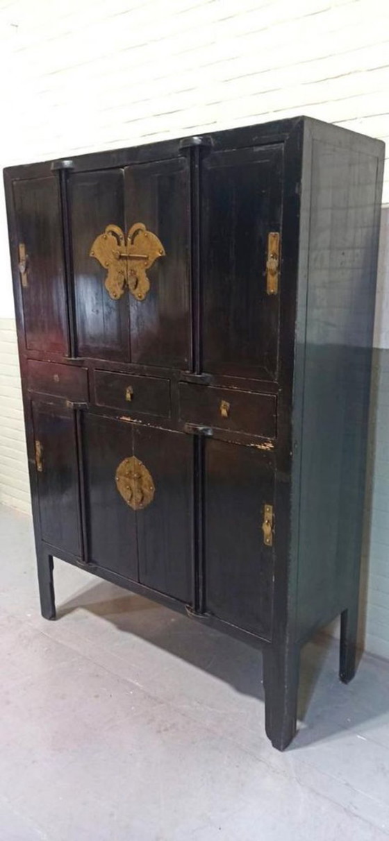 Image 1 of Vintage black lacquered and brass cabinet 
