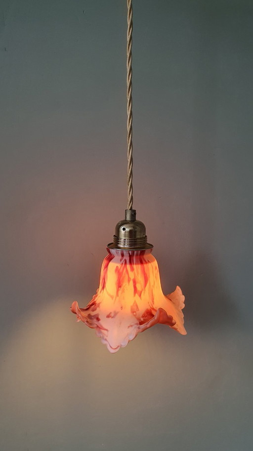 Suspension en verre ancien vintage. Marbré rouge et blanc. – hanglampen, Metal