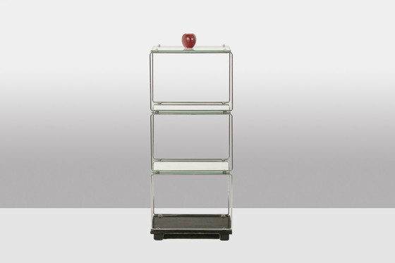 Image 1 of Set of 3 chrome-plated metal and glass shelves. 1970s