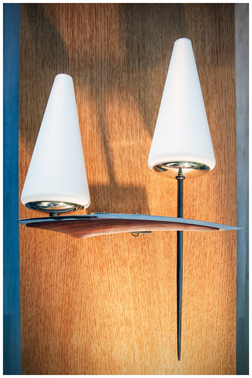 50's wall lamp, Opaline, Teak and Brass