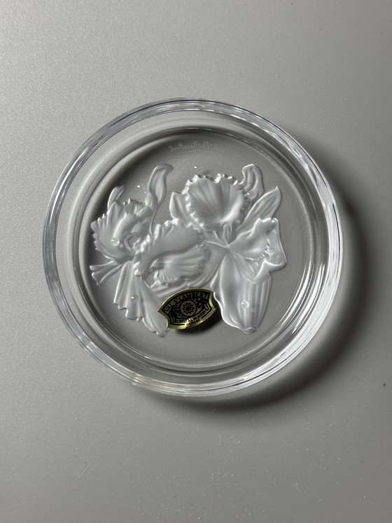 Image 1 of Coffret de 6 sous-verres en cristal Val Saint Lambert « Fleurs » – Motifs floraux – Style années 1950 – En boîte