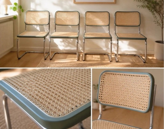 Sedie da pranzo italiane con rattan e cromo, set di quattro, Verde, Italian Design (foto 2 di 5)