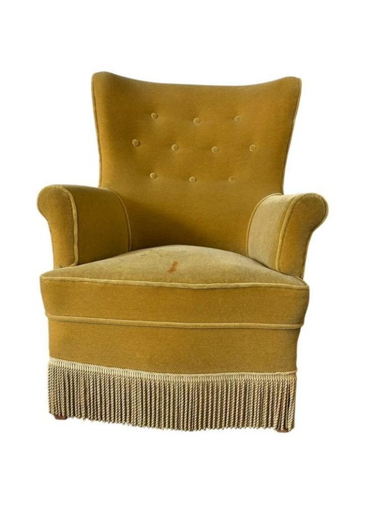 Image 1 of Vintage okergele fauteuil / eenpersoonsstoel met franjes
