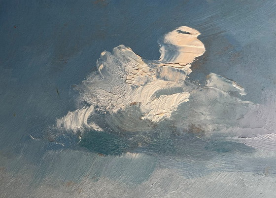 Image 1 of Peinture à l'huile originale, paysage marin d'été, bateaux au phare