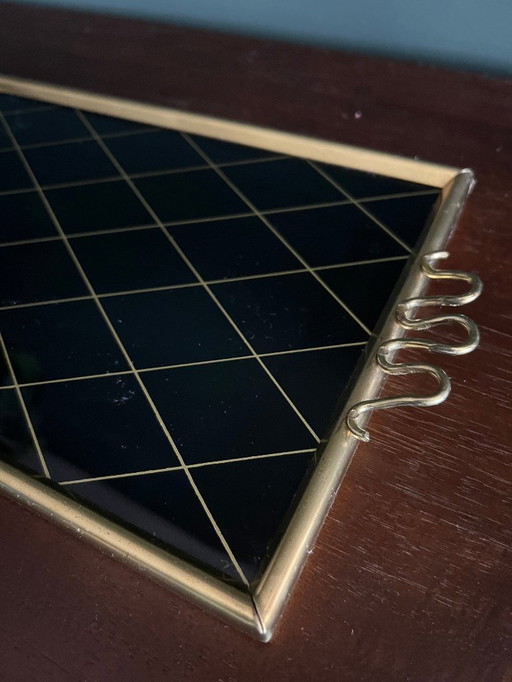 Mid - Century rectangular tray made of black glass with golden diamond pattern ca. 1950