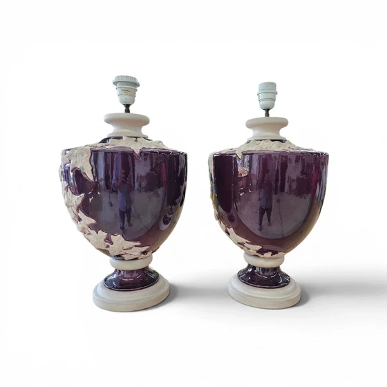 2 x große Kostka florale Keramik Vasenlampe / 1970er / Frankreich – Tischlampen, Ceramic (photo 12 of 12)