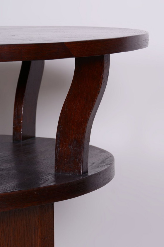 Restored Art Deco Round Small Table, Oak, Veneer, Czech, 1920s – Side tables, Wood (photo 6 of 8)