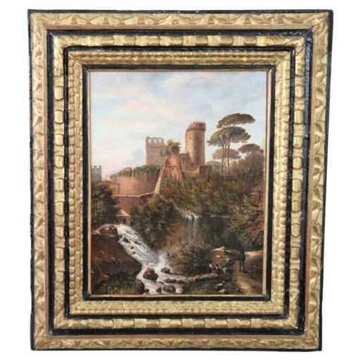 Paisaje con castillo, óleo sobre lienzo, firmado M.G., Italia, siglo XVIII.
