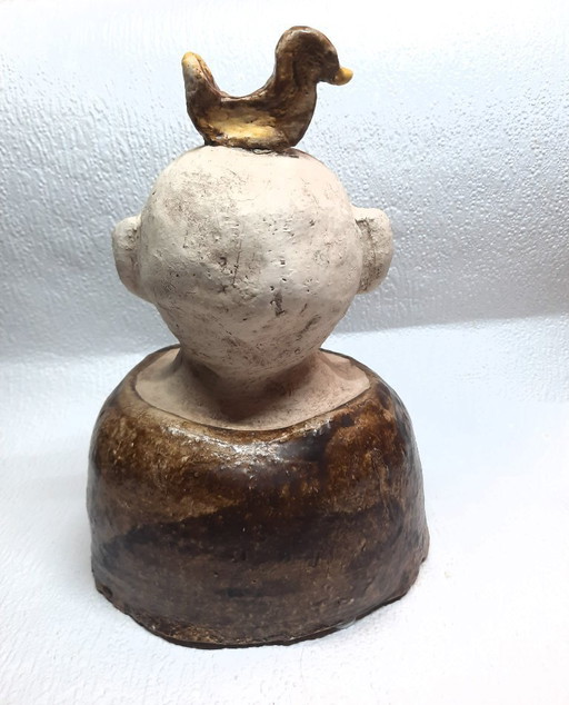 (W006) Unique Folk Art Ceramic Sculpture – "The Happy Bald Man with a Duck on His Head"