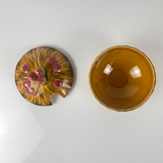 Image 1 of Sarreguemines "cherry" slipware sugar bowl, 1970