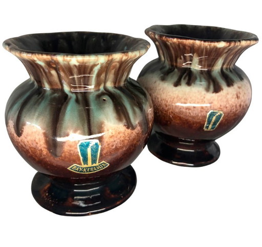Pair of Vintage Bay Keramik W. Germany Vases - Model 290-10 - Turqouise Brown Fat Lava Glaze