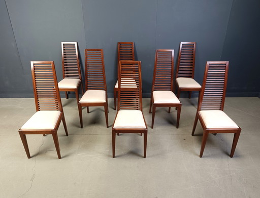 Ensemble de 8 chaises de salle à manger italiennes à haut dossier, années 1980