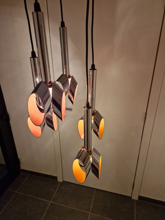 Massive Space Age cascade pendant lamp, chrome and orange, 5 light points, Metal, Silver (photo 14 of 15)