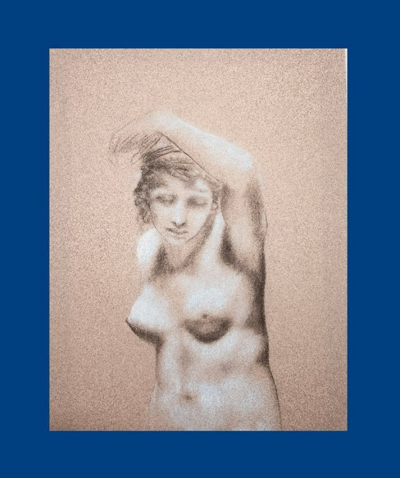 Image 1 of Hand-drawn copy of a work by Pierre Paul Prodhon. Hand-drawn copy of a painting of a female nude. Signed.