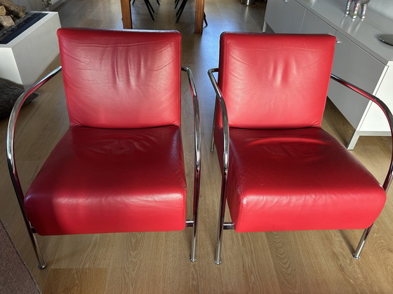 Image 1 of 2X Cristian Red Leather Italian Armchairs